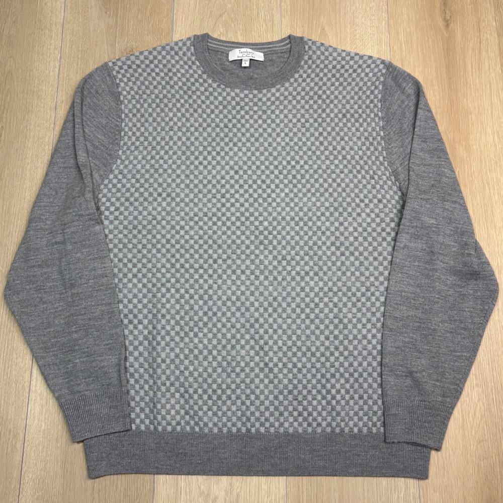 Turnbury Mens‎ Grey Extra Fine Merino Wool Checkerboard Crewneck Sweater Large